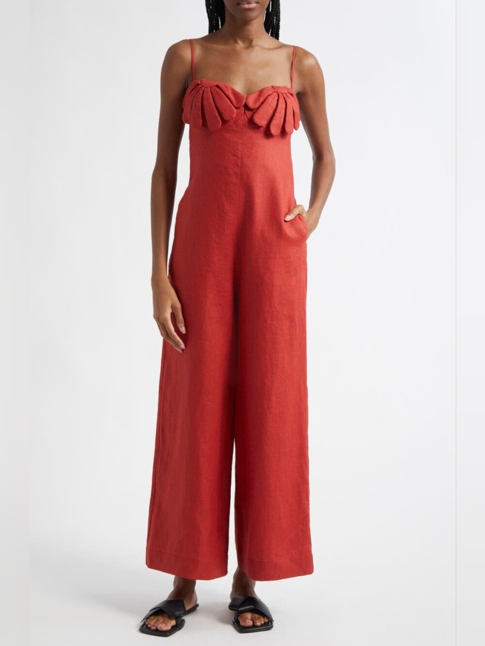 NWT FARM RIO Red Petals Bodice Euroflax Premium Linen Jumpsuit Wide Leg